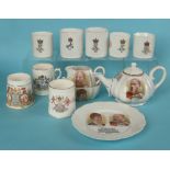 1902 Coronation: a Sitzendorf teapot, bowl, jug and plate, four lithophane base mugs and two other