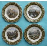 A set of four varying country mansion plates with classical female borders (4) (prattware, pot