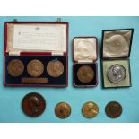 A boxed set of three bronze medals for 1936 three Kings, a silver medal for 1887 jubilee, a bronze