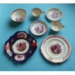 Two plates, two cups and saucers and a bowl each printed in pink with varying named portraits, circa