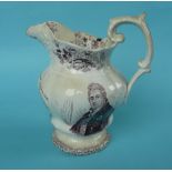 1831 Coronation: a pottery jug the lobed body printed in purple with portraits centred by a crown,