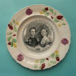 1840 Wedding: a pottery nursery plate printed in black with named portraits within a colourful