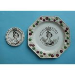 1838 Coronation: a miniature Staffordshire pottery plate printed in brown with a named and dated