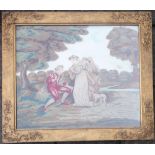 A good silk and wool embroidered silk picture of lovers meeting under the gaze of chaperone with a