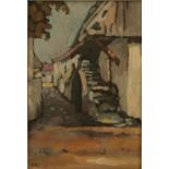 Winston Churchill: an oil painting on board depicting an alleyway flanked by covered steps rising to