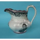 1831 Coronation: a squat pottery jug the lobed body washed and banded in pink lustre printed in