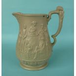 A green stoneware jug by Ridgway & Abington moulded with an inscribed slave auction scene, impressed