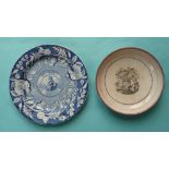 A pearlware plate printed all over in blue with a named and dated profile of George III in memoriam,