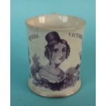 1837/38 Victoria: a small Swansea pottery mug printed in purple with a named portrait, 71mm, rim