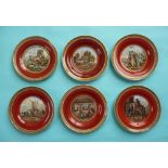 A matched set of six side plates with brick red ground borders (6) (prattware, pot lid, potlid)