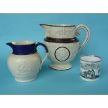 1817 Charlotte in Memoriam: a small pink lustre banded mug and two white stoneware jugs, one with