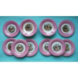 A dessert service of eight plates and two comports: Bird Subjects, pink borders, two pieces