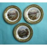 A set of three country mansion plates with green classical female borders lined in blue and gilt (3)