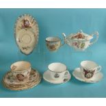 1897 Jubilee: an unusual continental cup and saucer, a trio by Aynsley, a Foley teapot, a Doulton