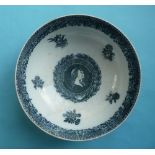 George III: a pearlware bowl printed in blue with superimposed profiles, circa 1809, 257mm, restored
