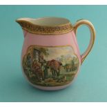 A good oviform jug of small size: Cavalier and Serving Woman (381) and Driving Cattle (387) pink