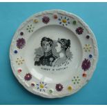 1840 Wedding: a nursery plate the floret moulded border decorated in colours and pink lustre printed