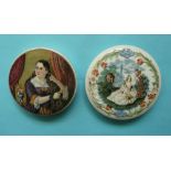 Lady Brushing Hair (111) and Lady with Guitar (107) (2) (prattware, pot lid, potlid)