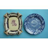 1820 Caroline: a blue printed pearlware plate also a quartrelobe serving dish with blue and gilded