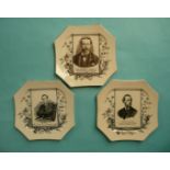 An octagonal pottery plate with named portrait of Lord Randolph Churchill and two others of Joseph