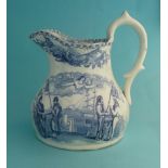 1855 Crimea: a squat pottery jug printed in blue with soldiers and sailors beneath ribboned