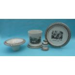 1854 Crimea: a rare pottery supper or smokers set comprising a comport printed with amusing scenes