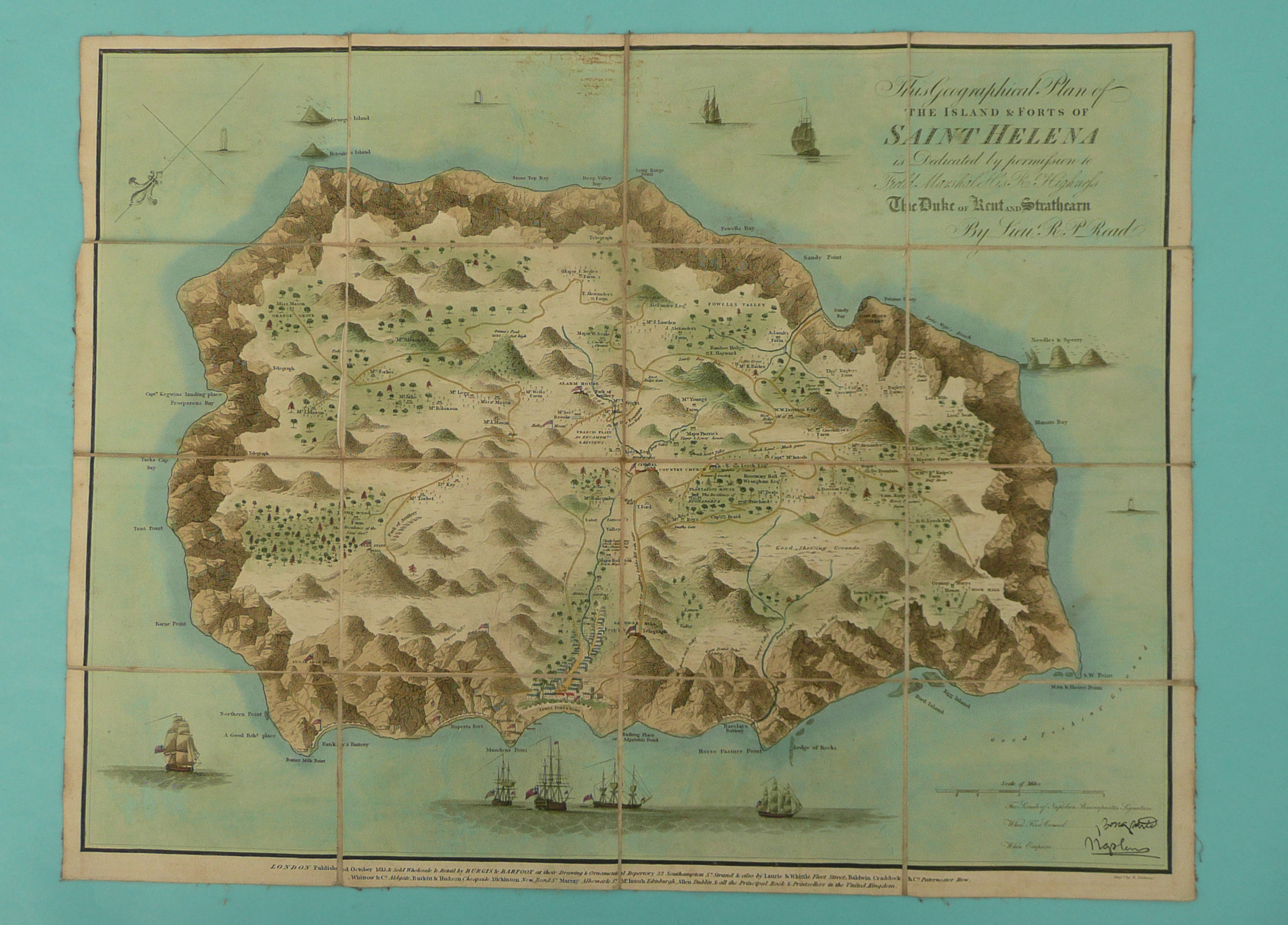 Napoleon Bonaparte: a rare folding hand coloured map of ‘The Island & Fort of St Helena’ by Lieut