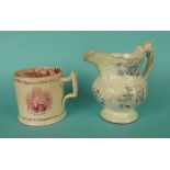 1832 Reform: a cylindrical mug printed in pink with named portraits, fine hairline crack and a jug