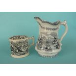 1855 Crimea: a cylindrical mug printed in black with a battle scene, 101mm and a jug with scenes