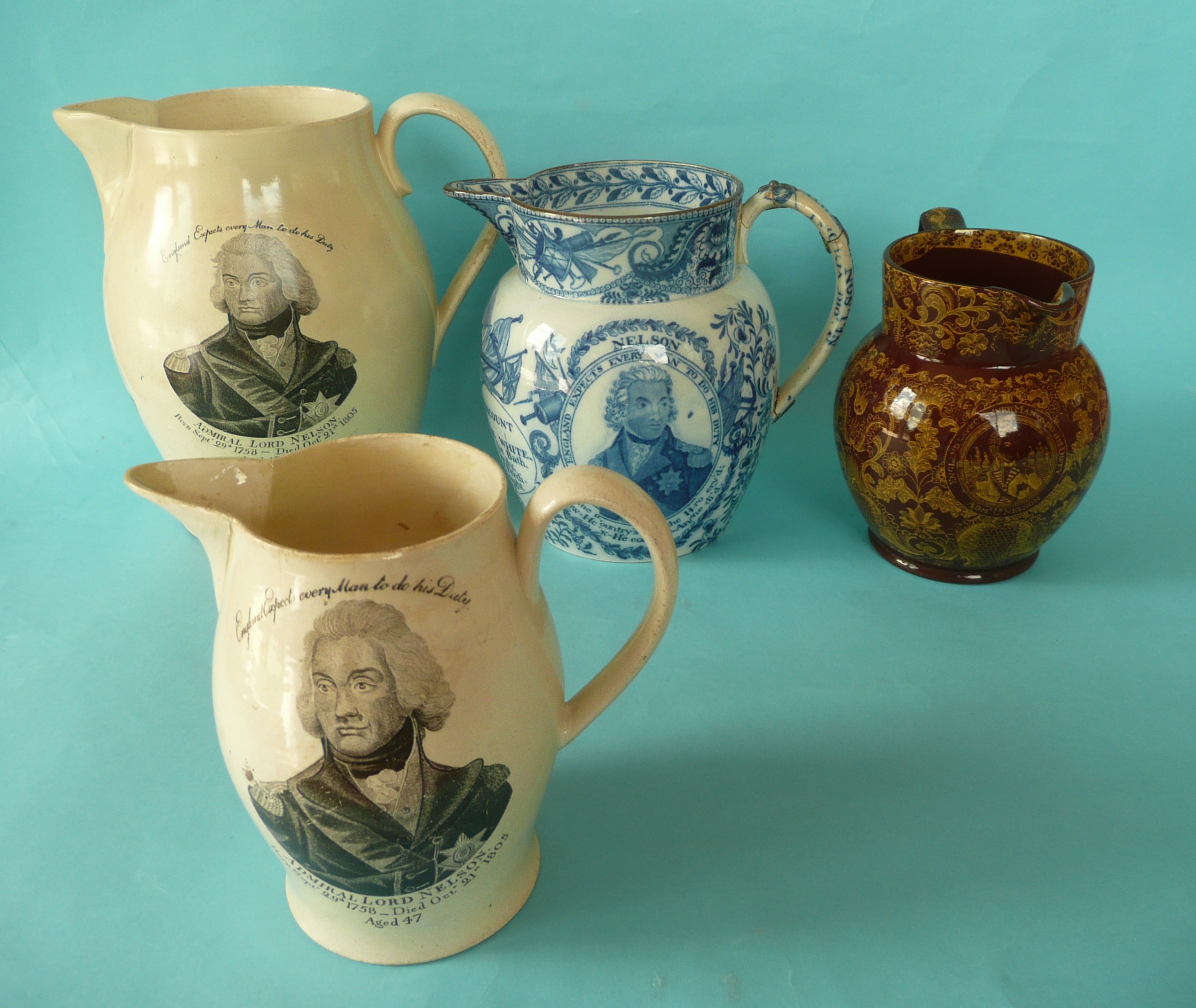 1805 Nelson in Memoriam: four various jugs, each defective (4) (commemorative commemorate)