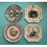 An octagonal pottery plate with named seated portrait of Hon Edward Blake MA QC, another James