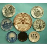 Eleven French pottery plates printed in black with cartoons after Hamlit and Draner, another for ARM