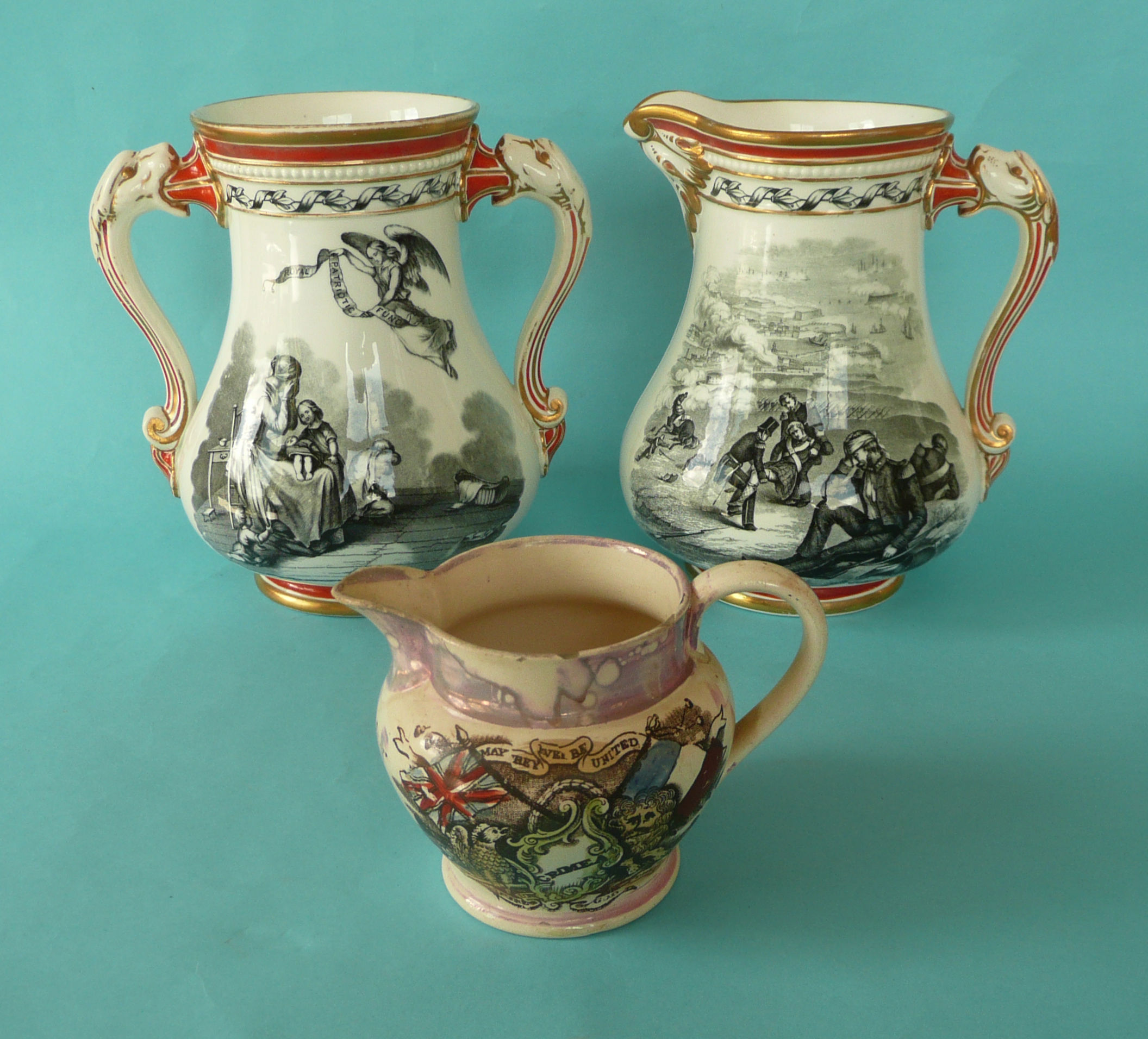 A Royal Patriotic Fund jug by Alcock, circa 1856, 195mm, a similar vase and a jug for the Crimea,