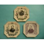 An octagonal pottery plate with named portrait of Salisbury, another Iddesleigh and one other of