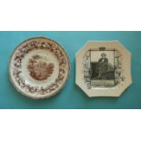 A Clementson pottery plate printed in brown for Viscount Clive 1839 and an octagonal pottery plate