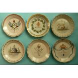 French Revolution: six various faience plates each painted with scenes, trophies and slogans in