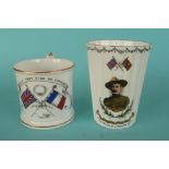 A porcelain mug printed in grey and decorated in colours with crossed flags and inscribed, circa