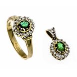 Smaragd-Brillant-Set GG/WG 585/000 Ring mit einem oval fac. Smaragd 4,5 mm in sehr guter Farbe und