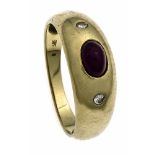 Rubin-Brillant-Ring GG 585/000 mit einem ovalen Rubin-Cabochon 5 mm und 2 Brillanten, zus. 0,04 ct