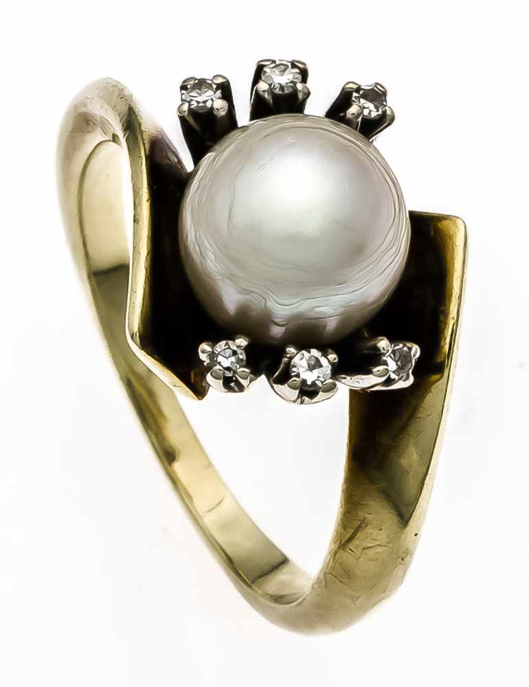 Akoya-Diamant-Ring GG/WG 585/000 mit einer guten Akoya-Perle 7 mm und 6 Diamanten, RG 49, 4,1 g