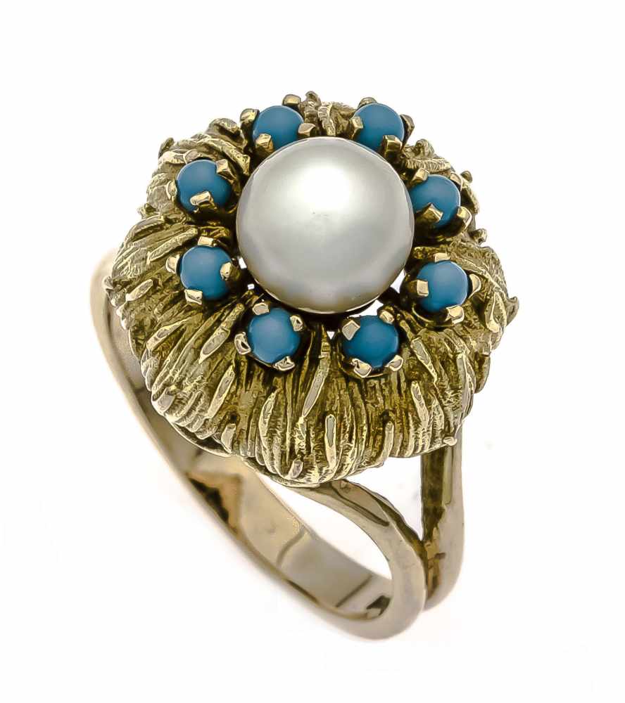 Akoya-Türkis-Ring GG 585/000 mit einer Akoya-Perle 7 mm und 8 Türkis-Perlen, RG 53, 6,2 g
