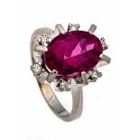 Rubelith-Brillant-Ring WG 750/000 mit einem oval fac. Rubelith, ca. 4 ct, in sehr guter Farbe und