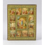 Russiche Ikone, 1. H. 20. Jh., Tempera u. Gold auf Holz, 12 Szenen der Vita Christi, part. ber,