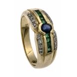 Saphir-Smaragd-Brillant-Ring GG 585/000 mit einem oval fac. Saphir in sehr guter Farbe 3,5 mm, 8