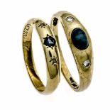 Saphir-Brillant-Ringe GG 585/000 mit einem ovalen Saphir-Cabochon, einem rund fac. Saphir und