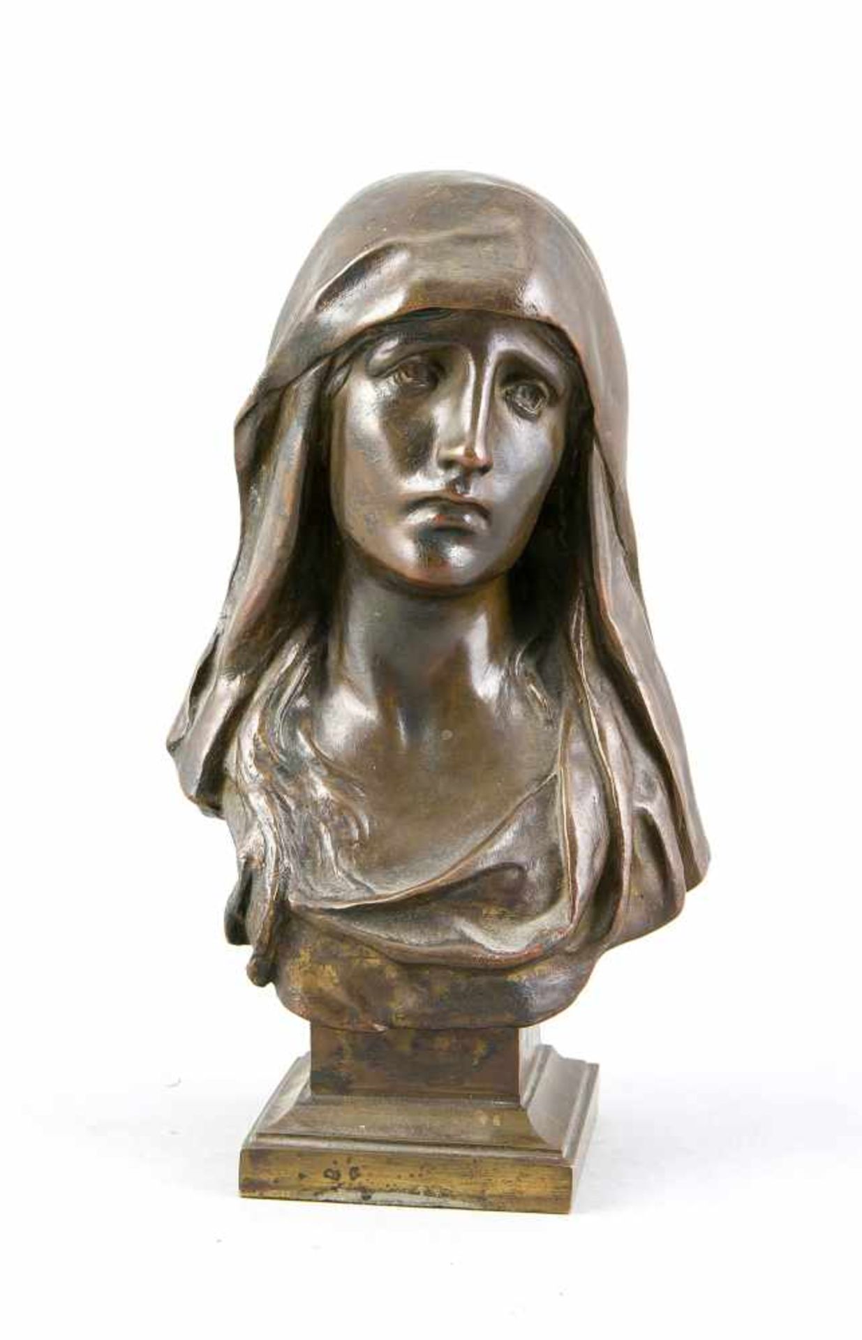 Eugène Marioton (1854-1933), Mater Dolorosa, Büste, braun patinierte Bronze, Gießermarke von Siot-