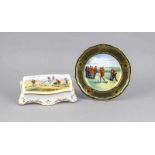 Teller und Deckeldose, Spode, England, Ende 20. Jh. polychrome Dekore mit Golf-Motiven, Teller,