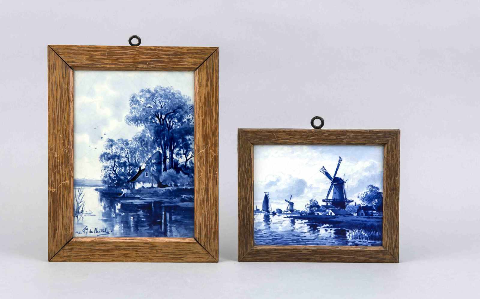 Zwei Bildplatten, De Porceleyne Fles, Delft, 20. Jh., Landschaft mit Windmühle, 12 x 16 cm,