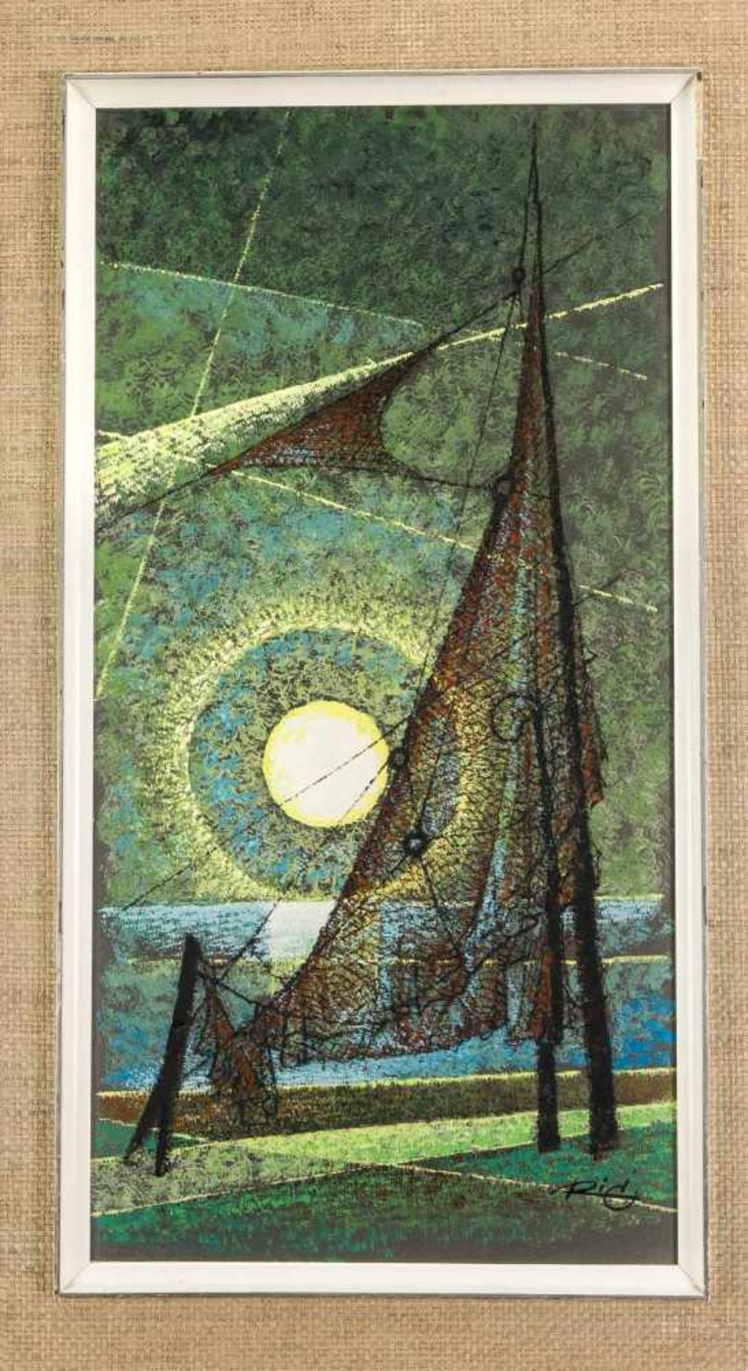 Ric, um 1970, Fischernetz bei Sonnenuntergang, Öl/Holz, 66 x 34 cm, Rahmen