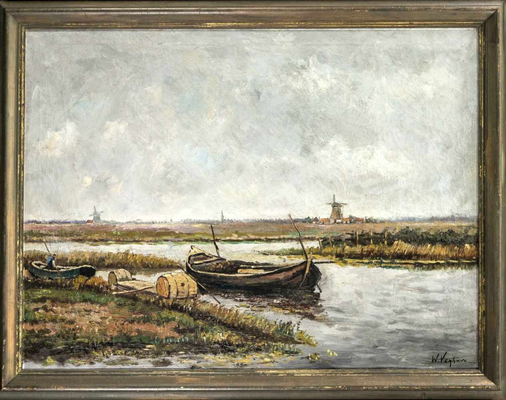 W. Verhave, holländische Landschaft mit Kanal im Vordergr., Öl auf unbekanntem Bildträger über